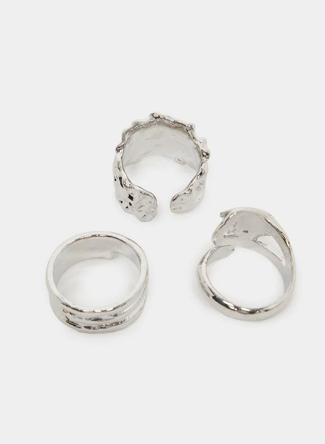 Pack Of 3 - Silver Textured Statement Rings